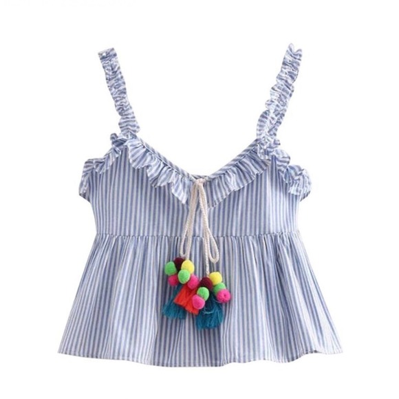 Zara Tops - Zara Striped Pom Pom Top